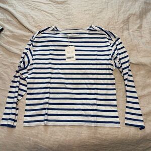 Everlane White and Navy Striped Long Sleeve Tee
